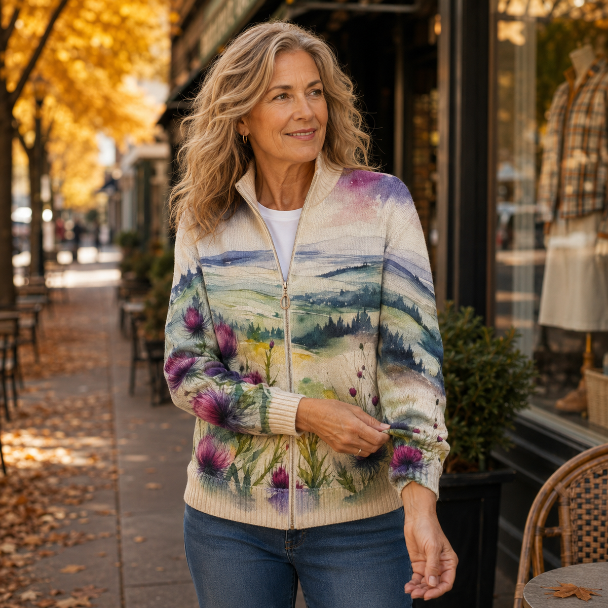 Avery - Strickjacke mit schottischem Distelmotiv und Reißverschluss