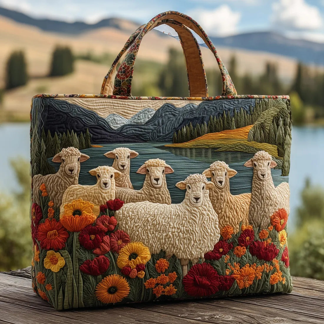Handgefertigte Tasche - Schafe in der Nähe des Sees