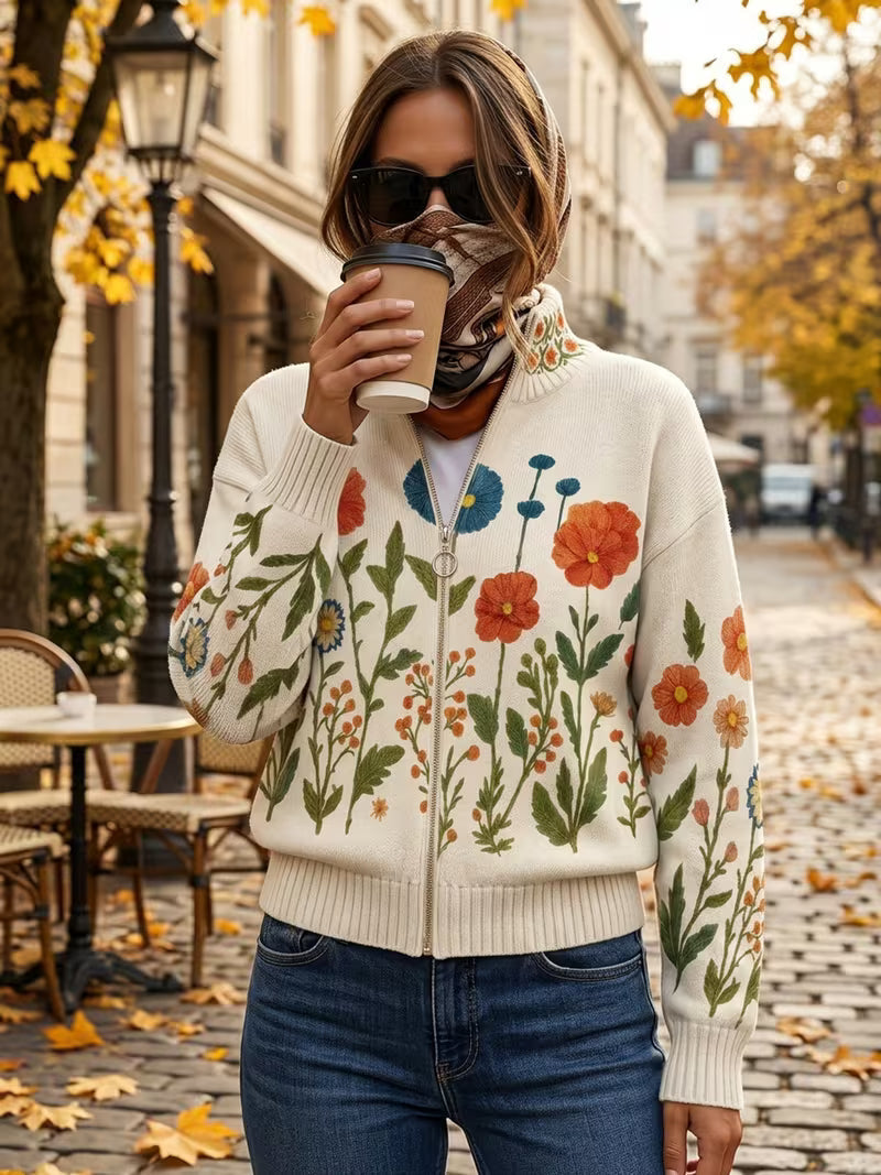 Brianna – Wildblumenfeld-Strickjacke mit Reißverschluss