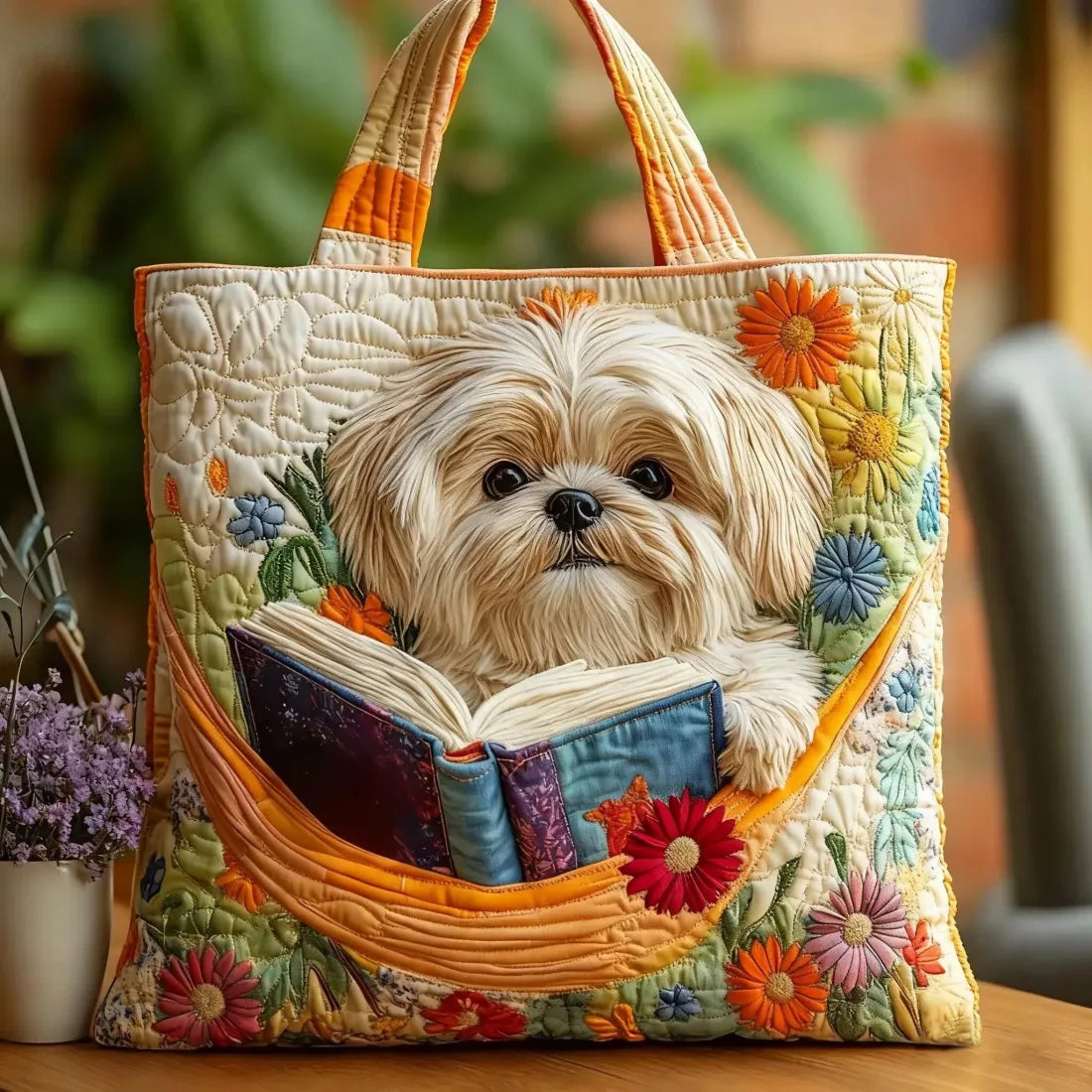 Handgefertigte Tasche - Shih Tzu mit Blumen