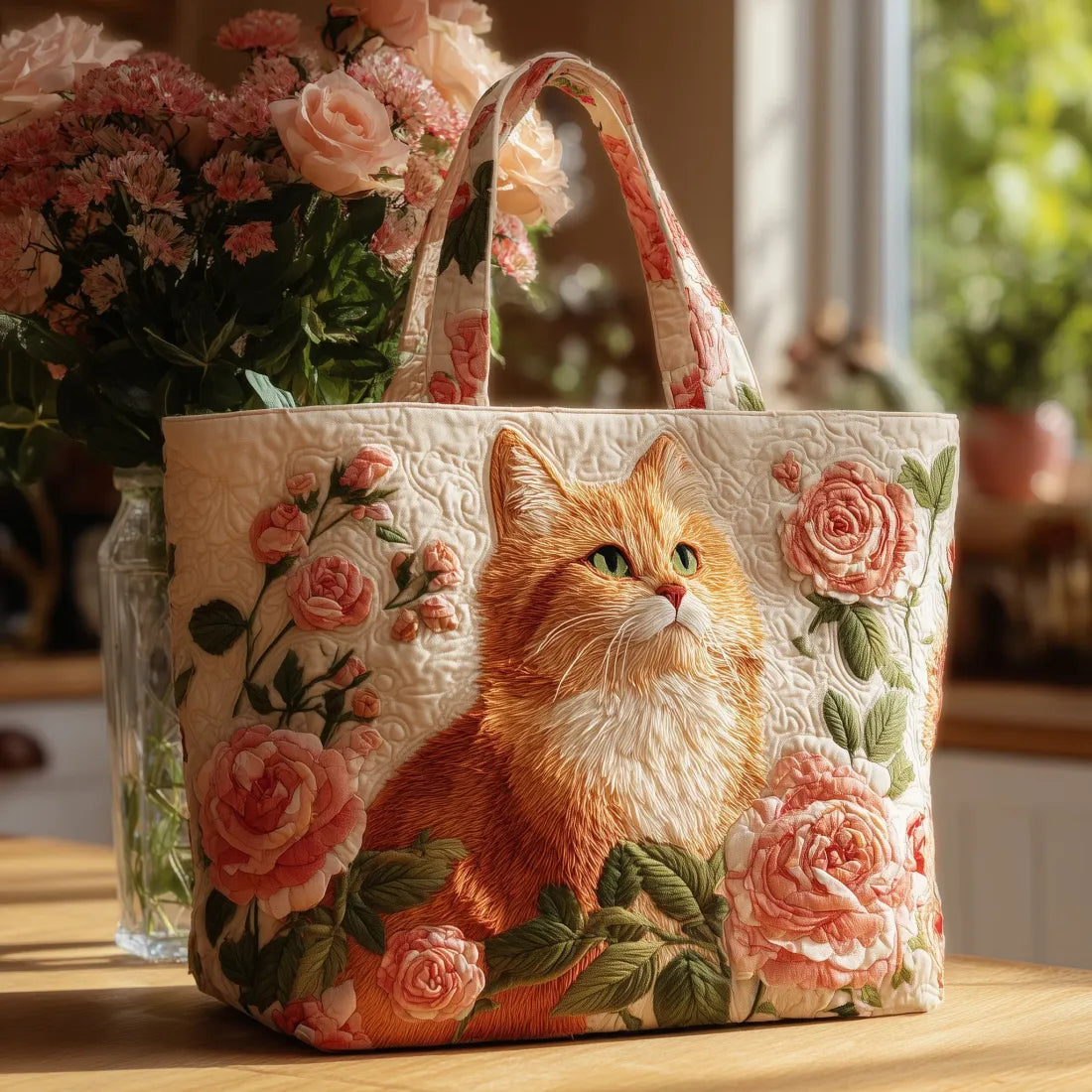 Handgefertigte Tasche - Rote Katze mit Rose