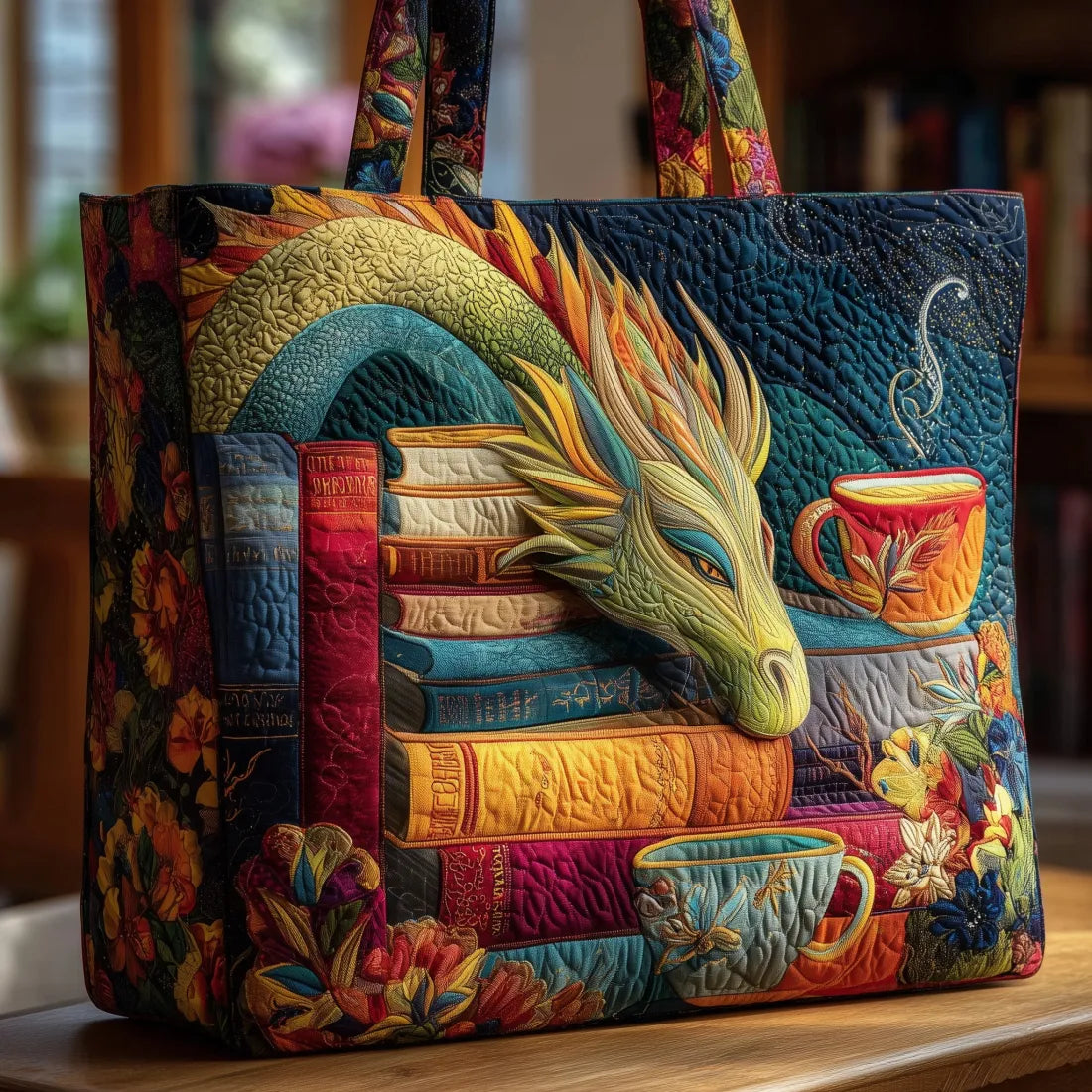 Handgefertigte Drachen-Lesetasche für Bücher und Tassen