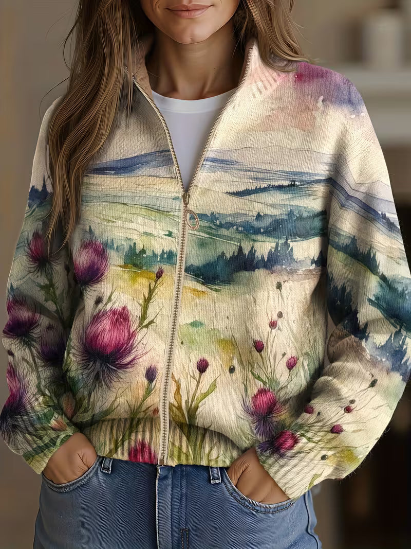 Avery - Strickjacke mit schottischem Distelmotiv und Reißverschluss