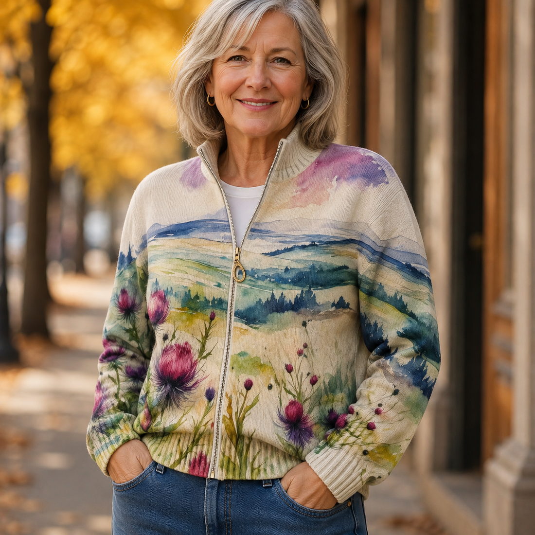 Avery - Strickjacke mit schottischem Distelmotiv und Reißverschluss