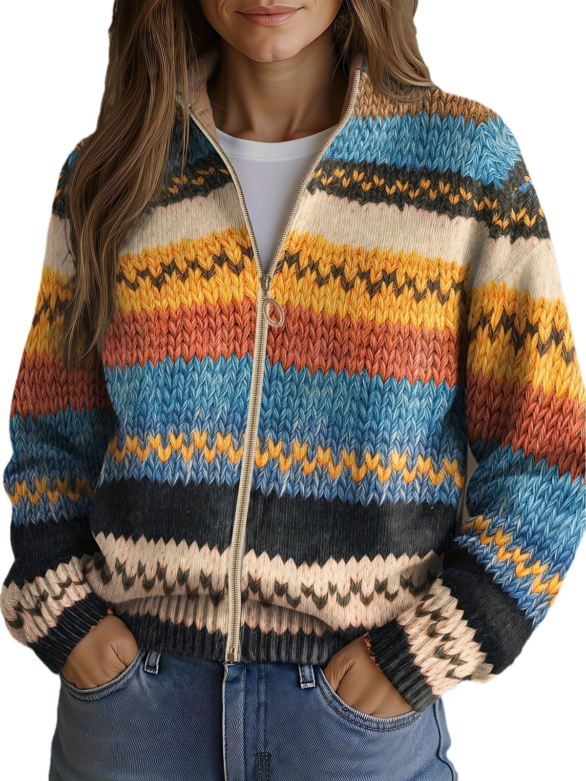 Jenna – Mehrfarbige Strickjacke mit Zickzackstreifen