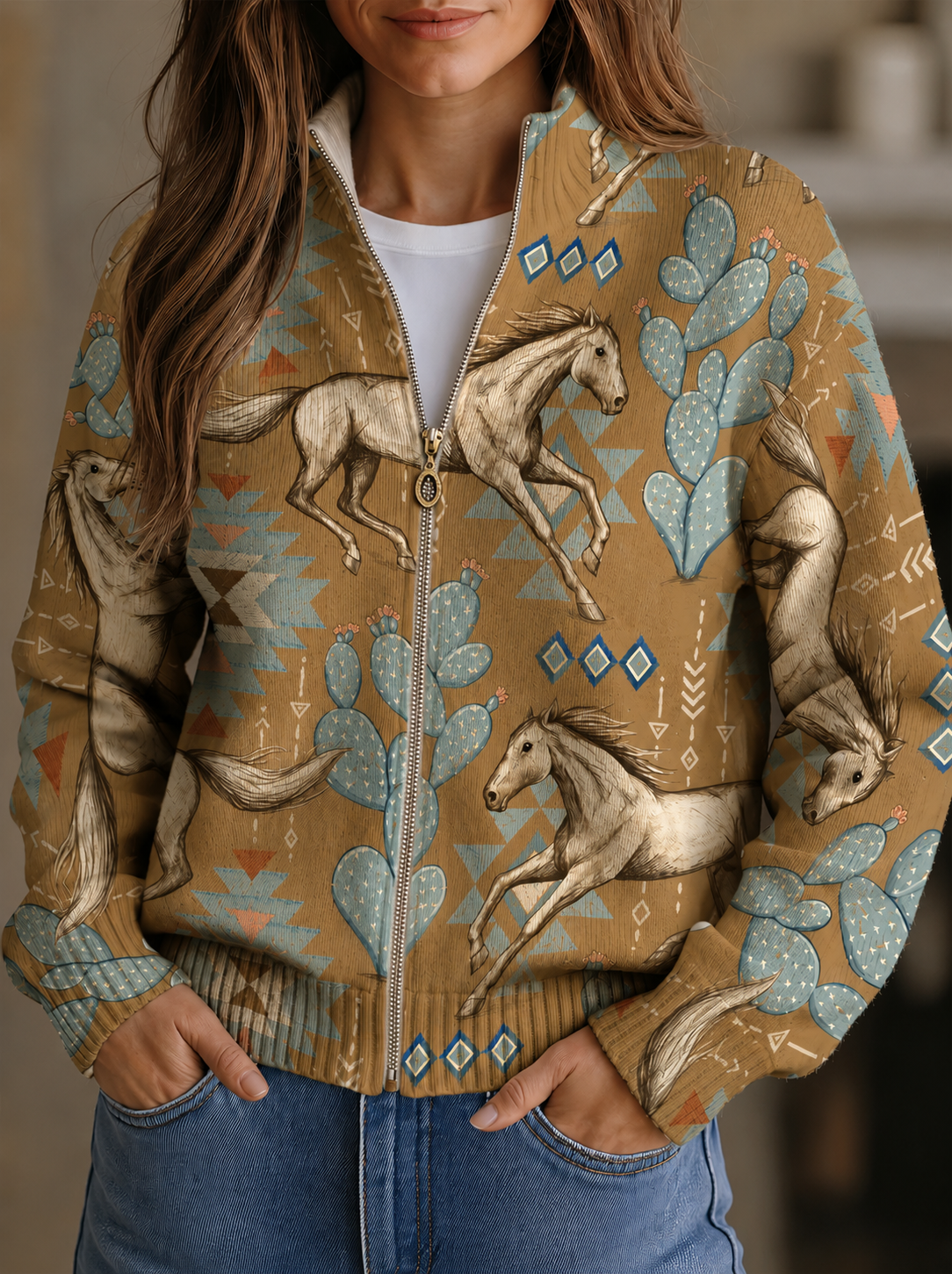 Kaitlyn - Strickjacke mit Reißverschluss und Kaktus- und Wüstenpferdemotiv