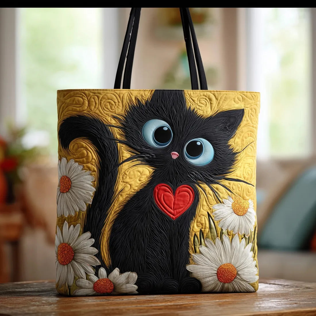 Handgefertigte Tasche - Schwarze Katze und Gänseblümchen