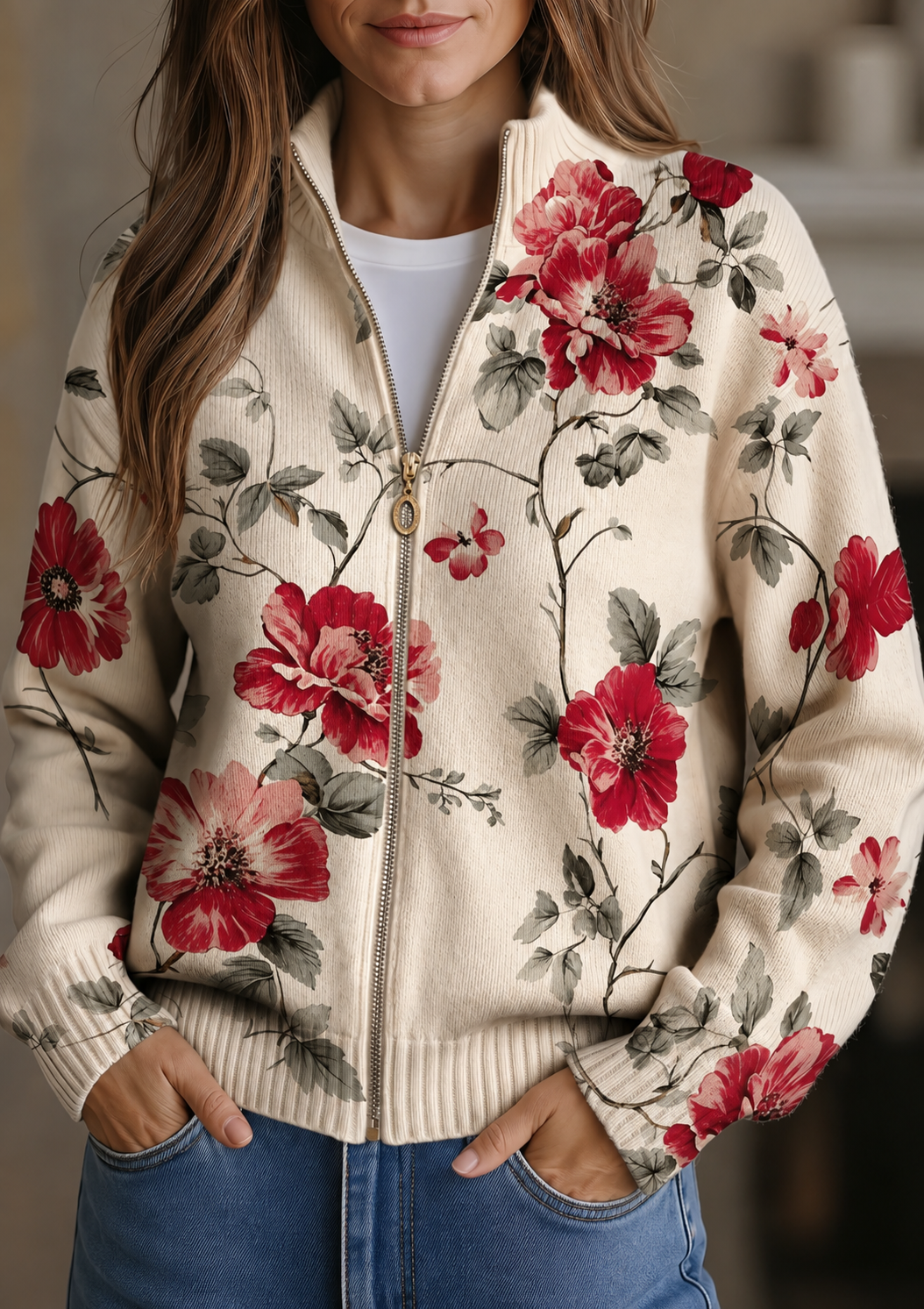 Penelope - Vintage-Strickjacke mit Blumenmuster und Reißverschluss