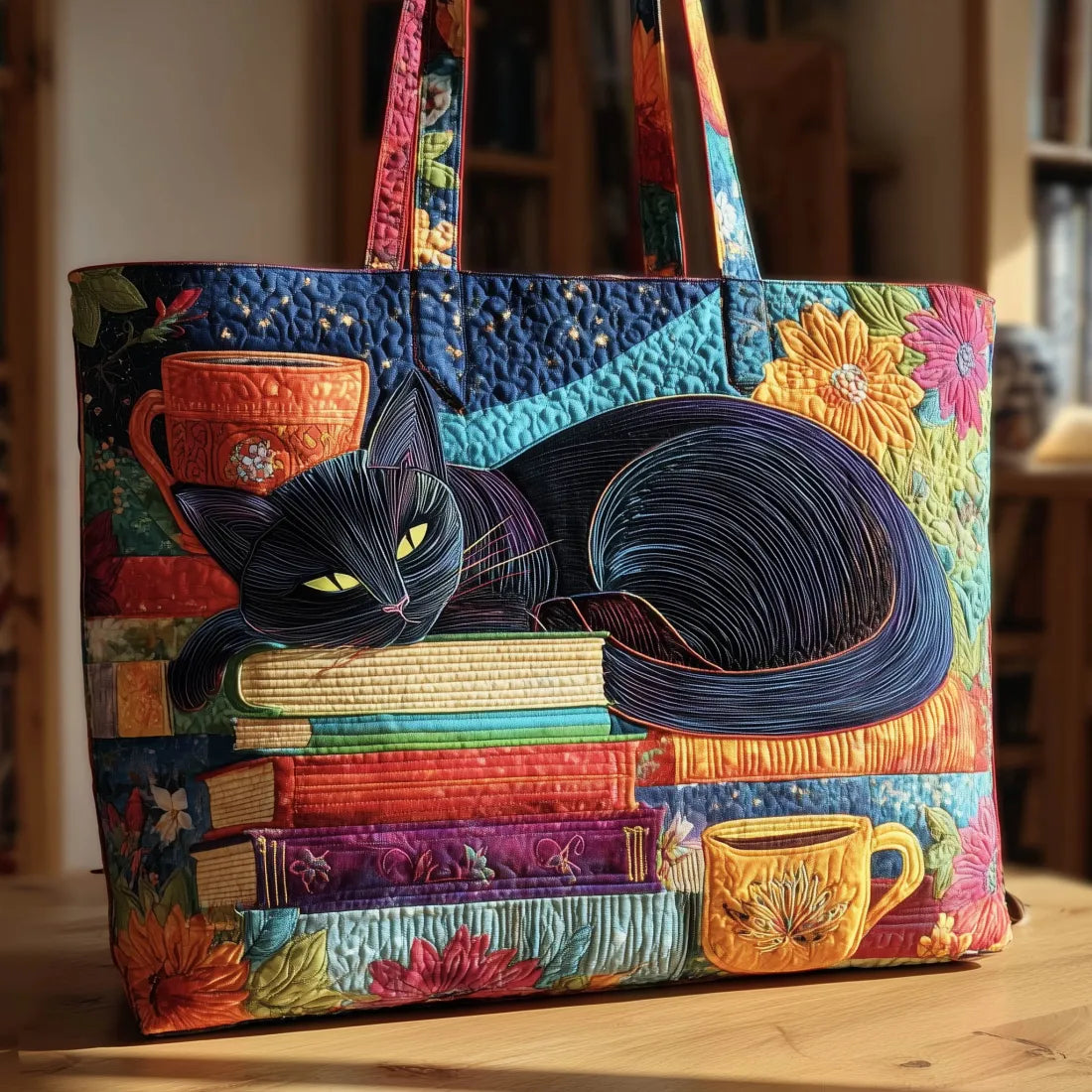 Handgefertigte Tasche - Schwarze Katze mit Büchern und Tasse