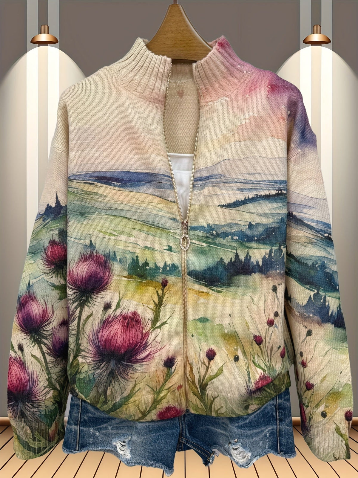 Avery - Strickjacke mit schottischem Distelmotiv und Reißverschluss