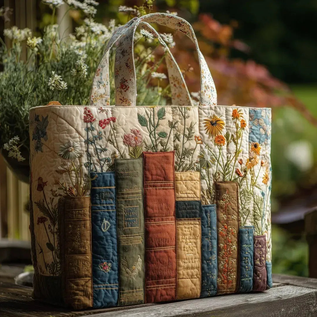 Handgefertigte Tasche - Bücher und Blumen