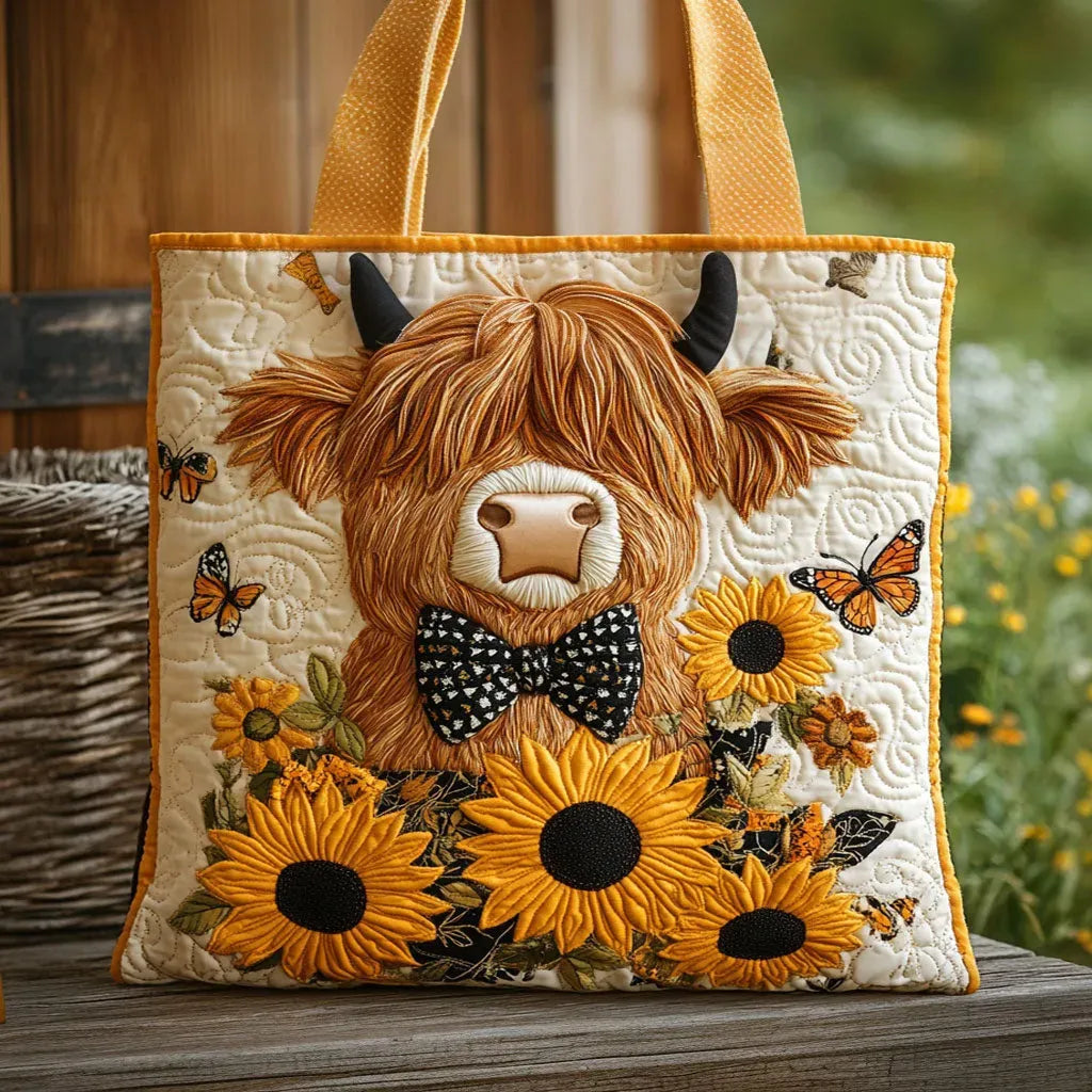 Handgefertigte Tasche - Hochlandrinder mit Sonnenblumen