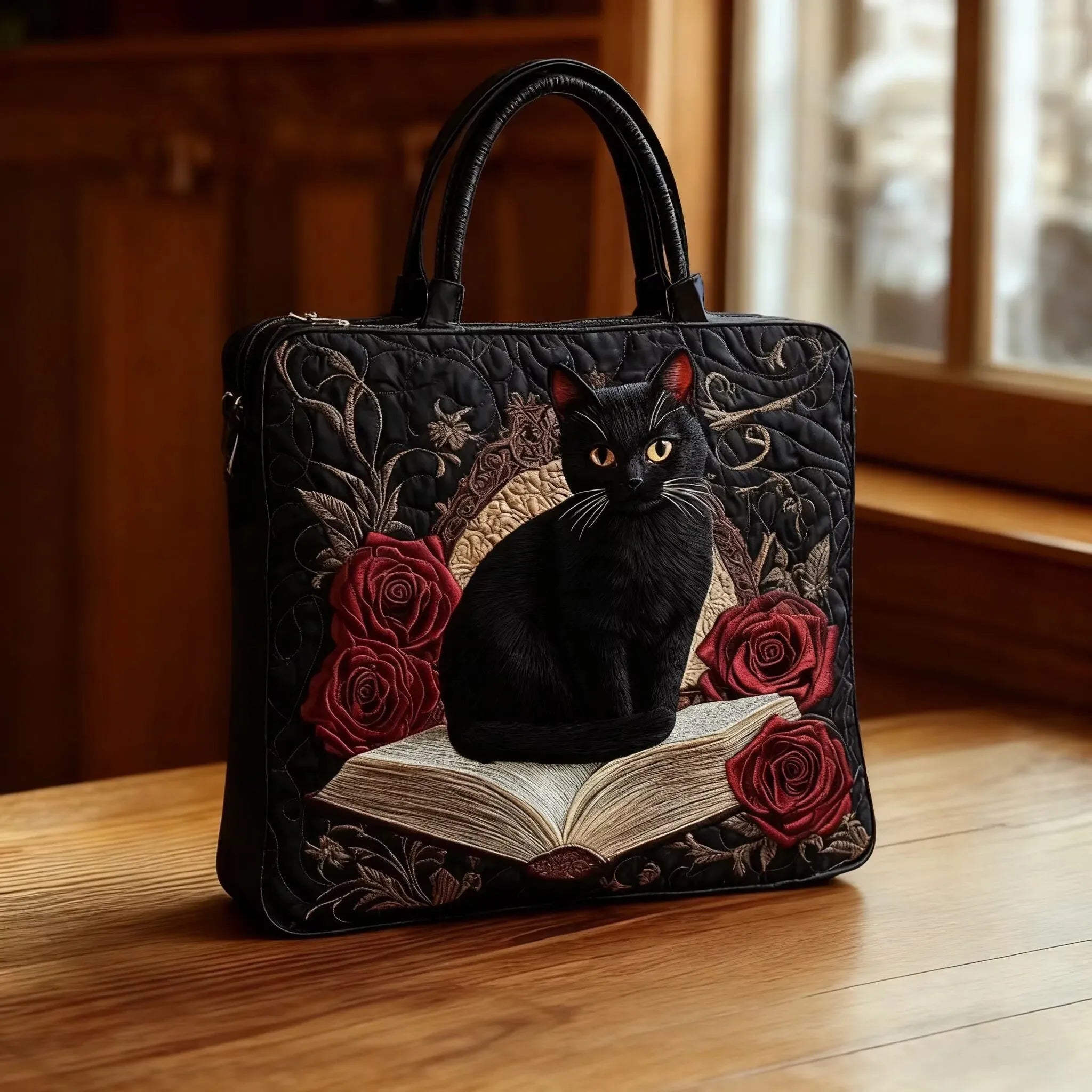 Handgefertigte Tasche - Schwarze Katze auf Büchern