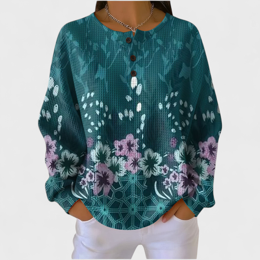Nora - Petrolfarbener Pullover mit floralem Design