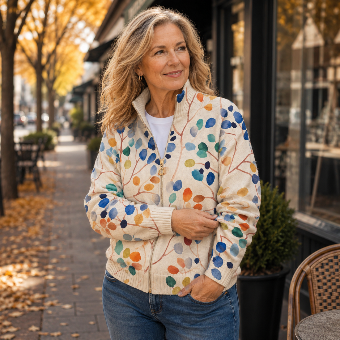 Fiona – Strickjacke mit botanischem Print und Reißverschluss