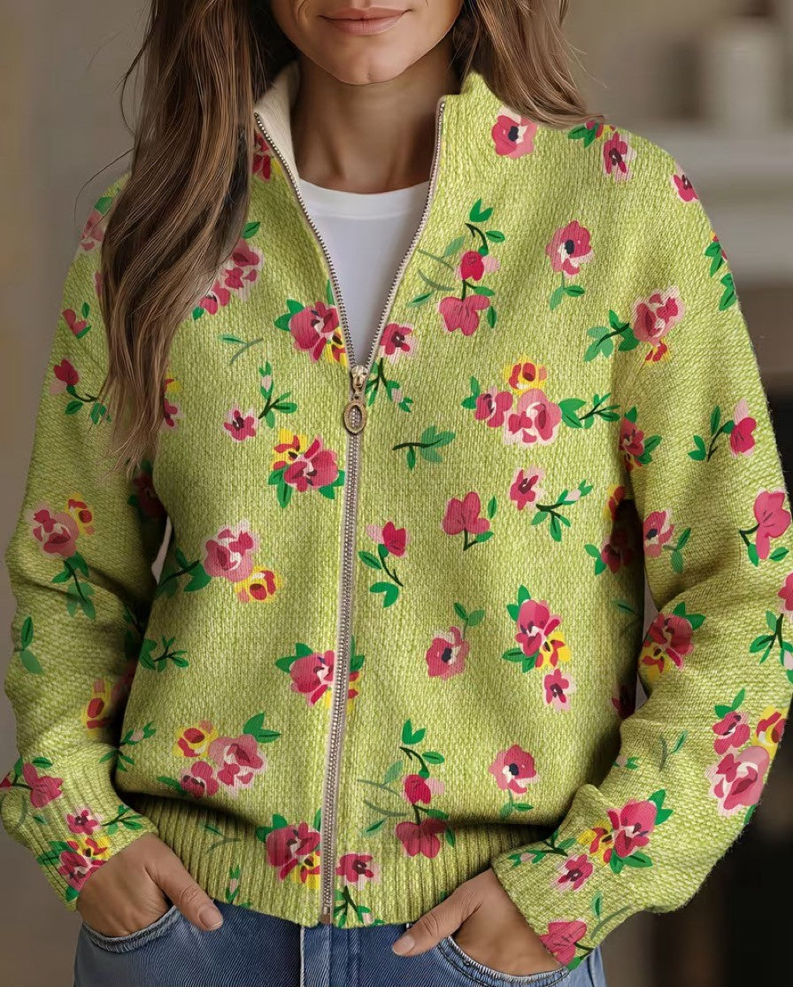 Lauren – Limettengrüne und rosa geblümte Strickjacke mit Reißverschluss