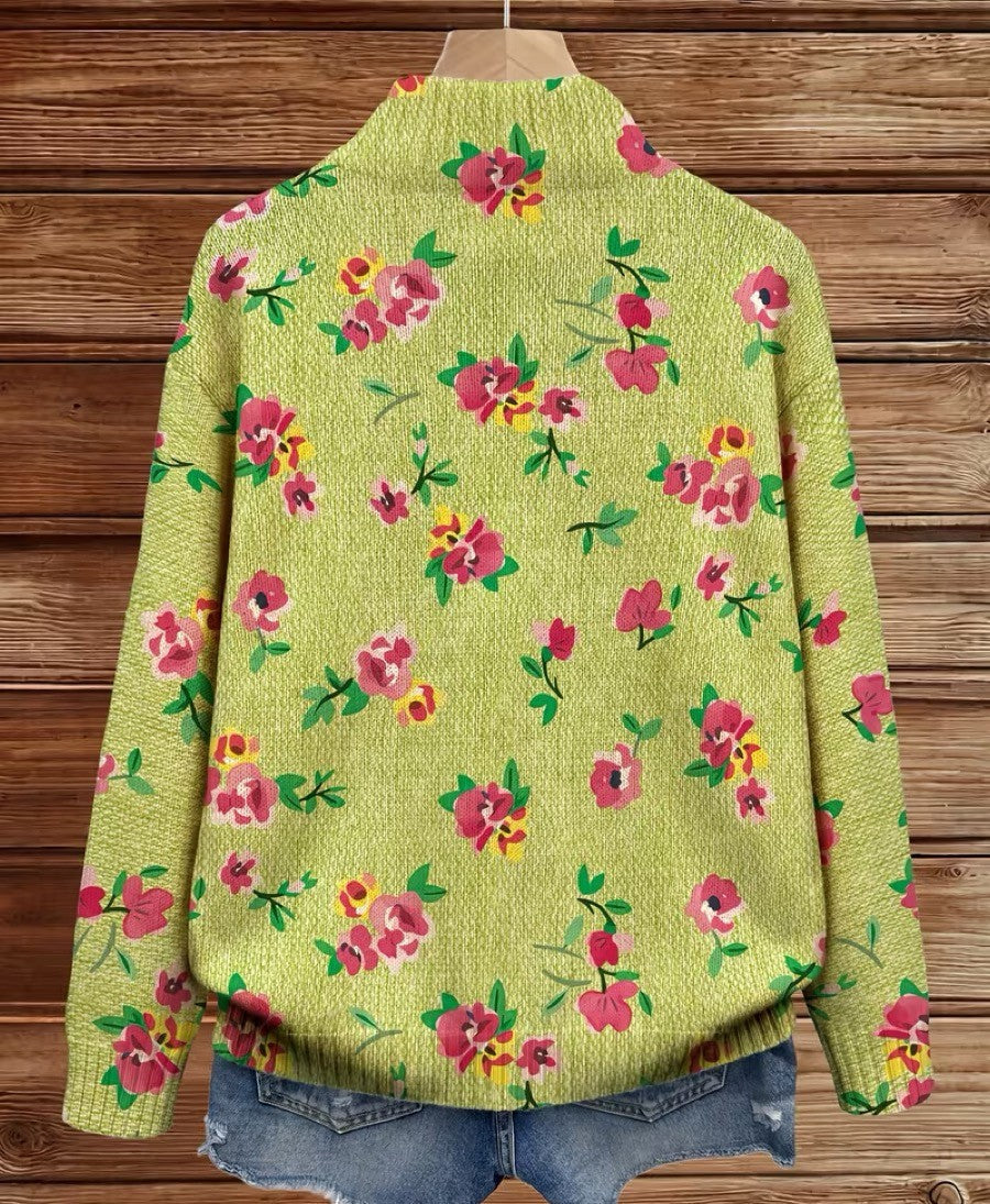 Lauren – Limettengrüne und rosa geblümte Strickjacke mit Reißverschluss
