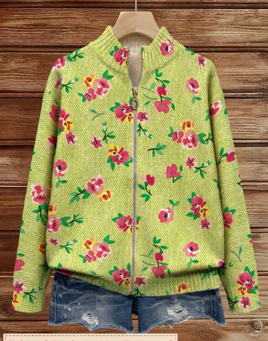 Lauren – Limettengrüne und rosa geblümte Strickjacke mit Reißverschluss