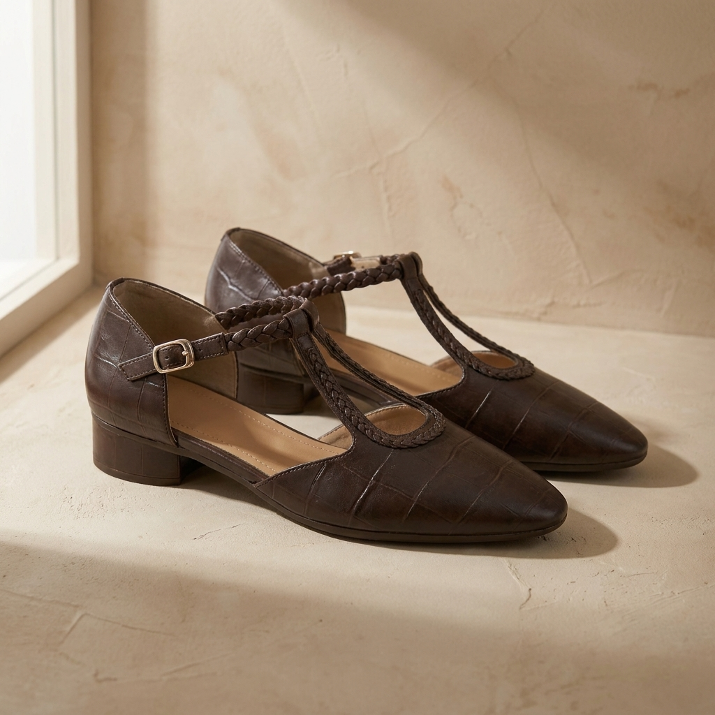 Greta - Klassische Leder-T-Steg-Schuhe mit geflochtenem Detail