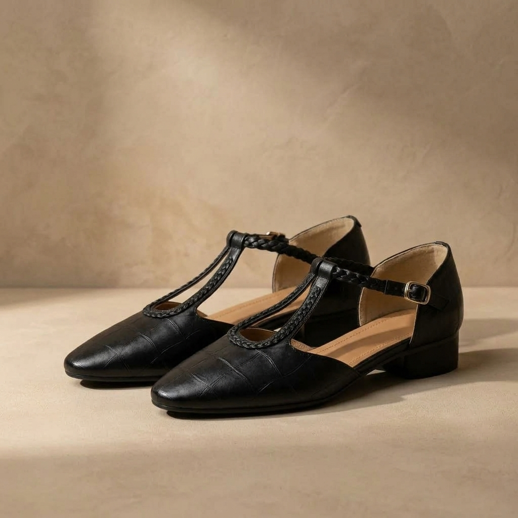 Greta - Klassische Leder-T-Steg-Schuhe mit geflochtenem Detail