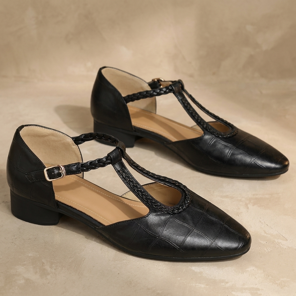 Greta - Klassische Leder-T-Steg-Schuhe mit geflochtenem Detail