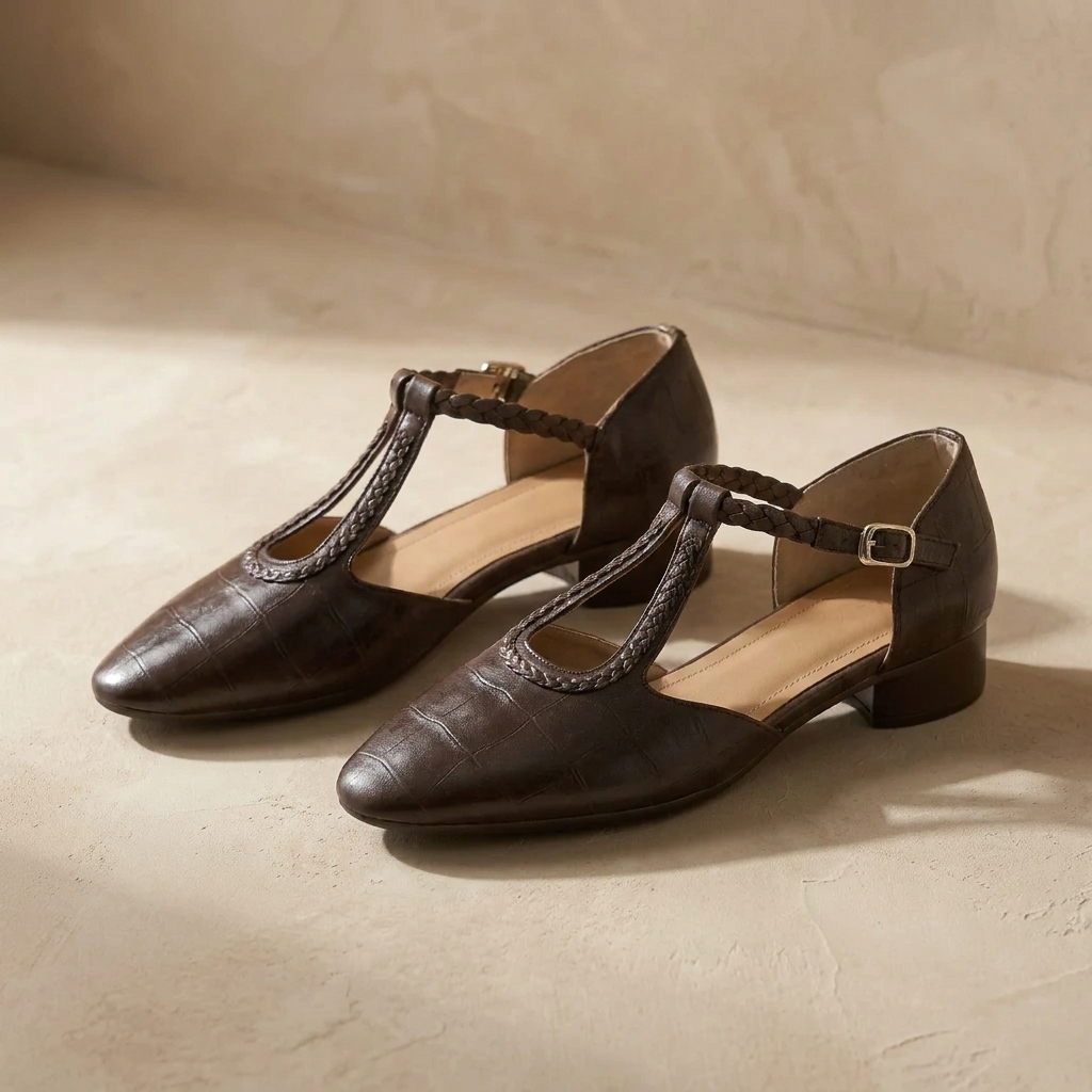Greta - Klassische Leder-T-Steg-Schuhe mit geflochtenem Detail