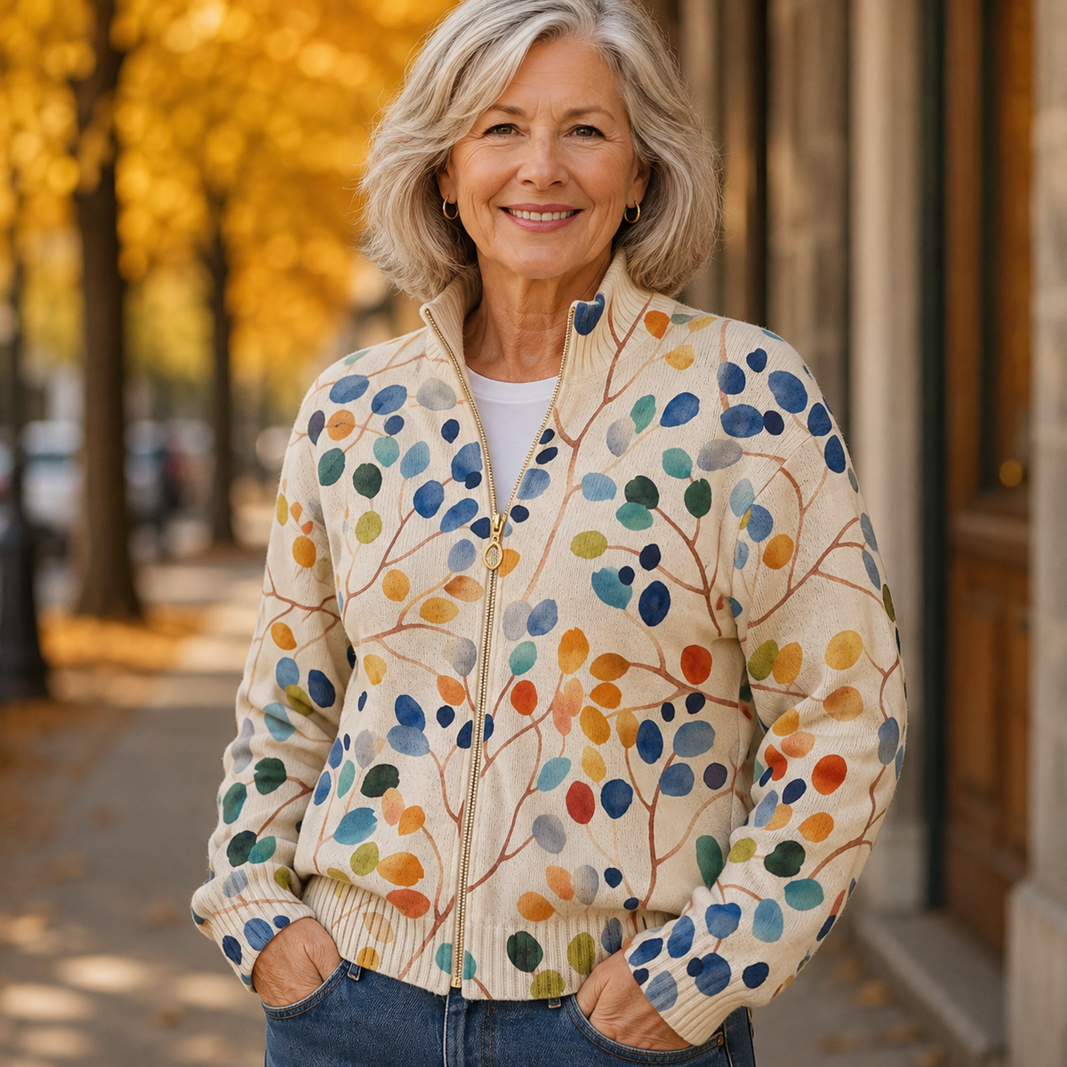 Fiona – Strickjacke mit botanischem Print und Reißverschluss