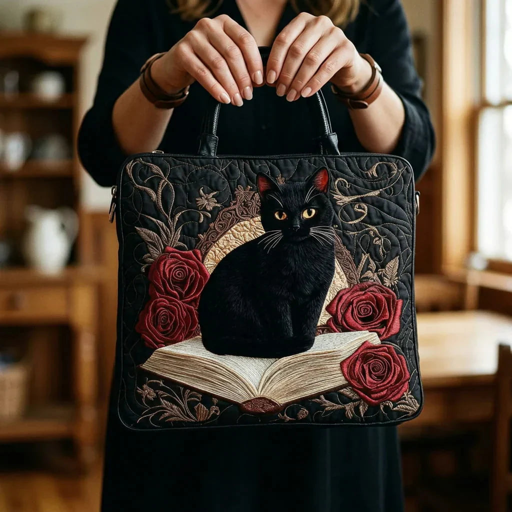 Handgefertigte Tasche - Schwarze Katze auf Büchern