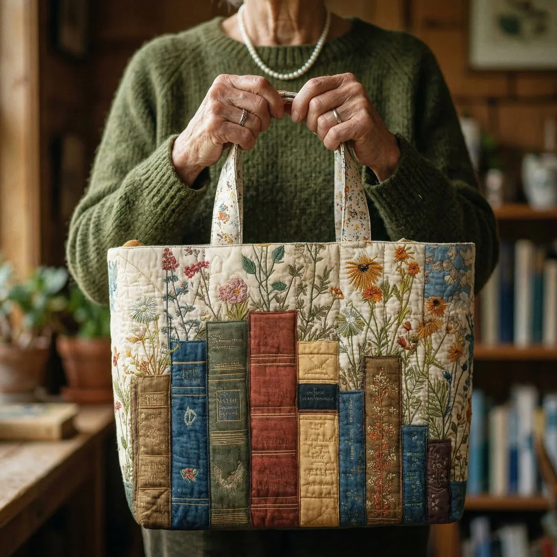 Handgefertigte Tasche - Bücher und Blumen