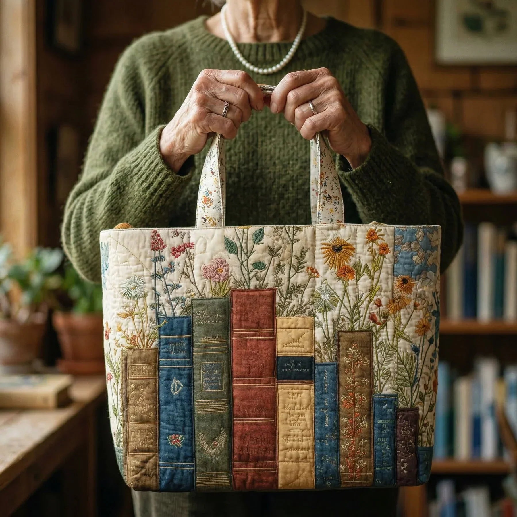 Handgefertigte Tasche - Bücher und Blumen