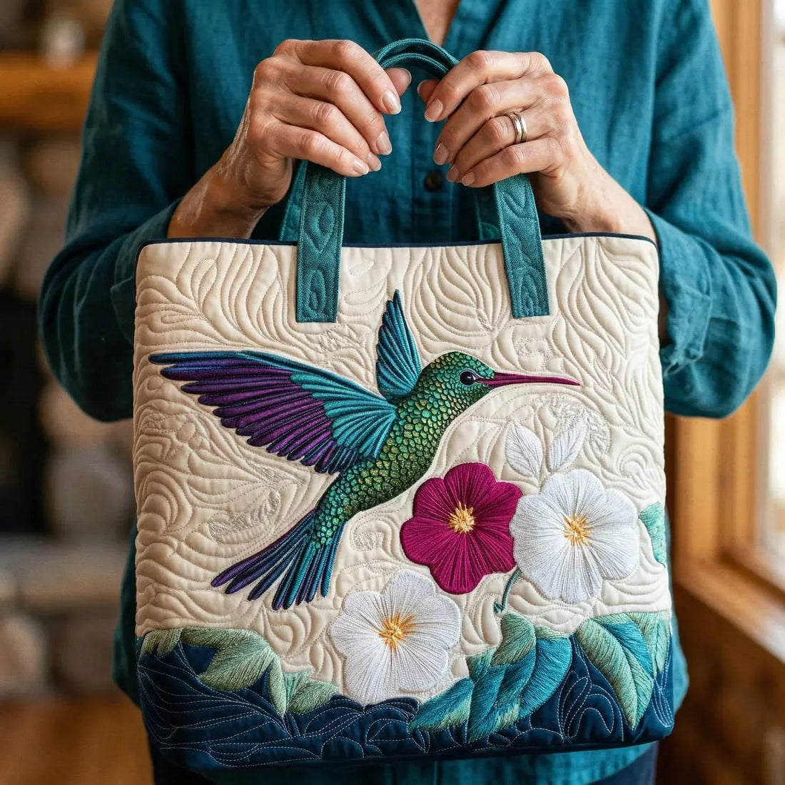 Handtasche - Kolibri und weiße Blüten