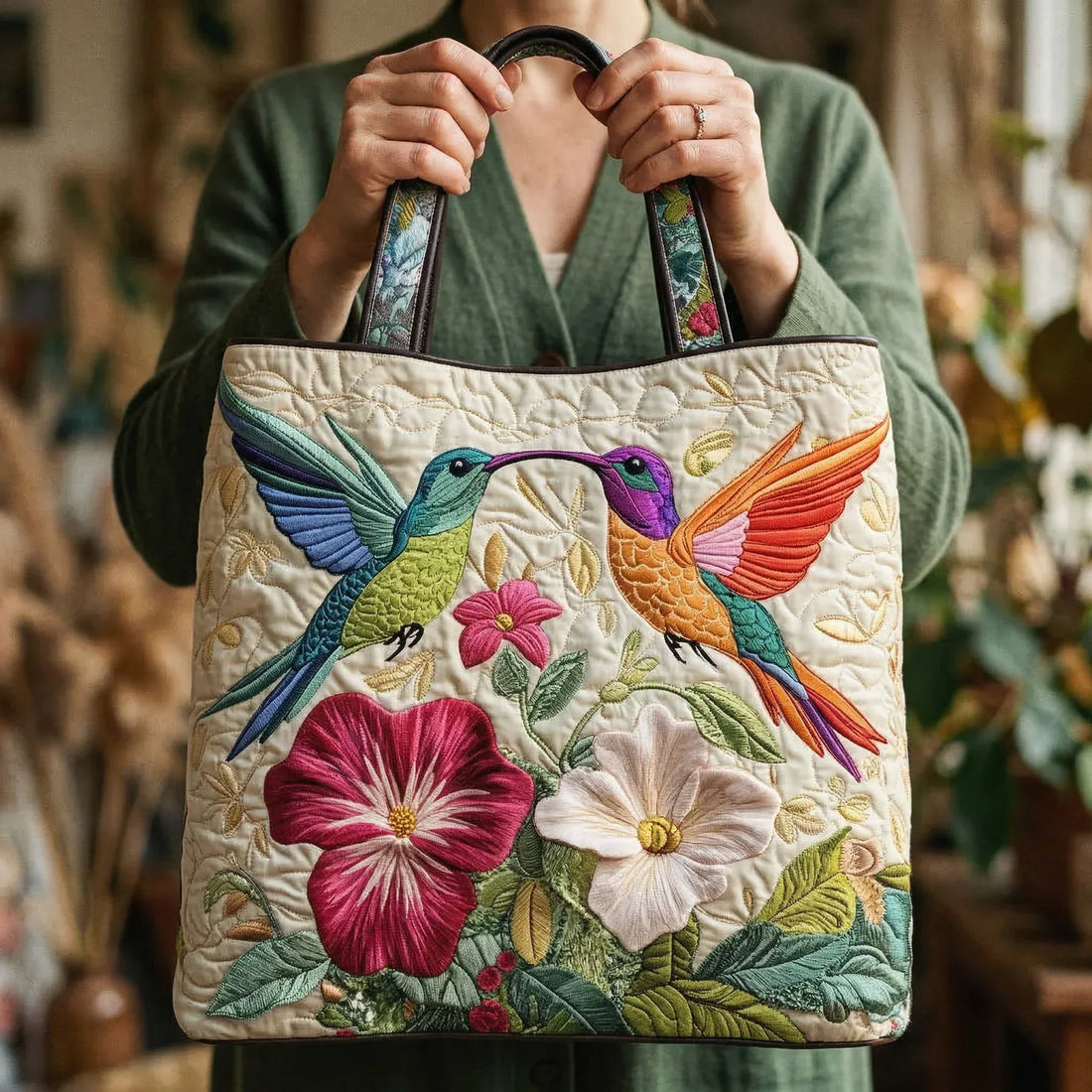 Handtasche - Kolibri und weiße Blüten