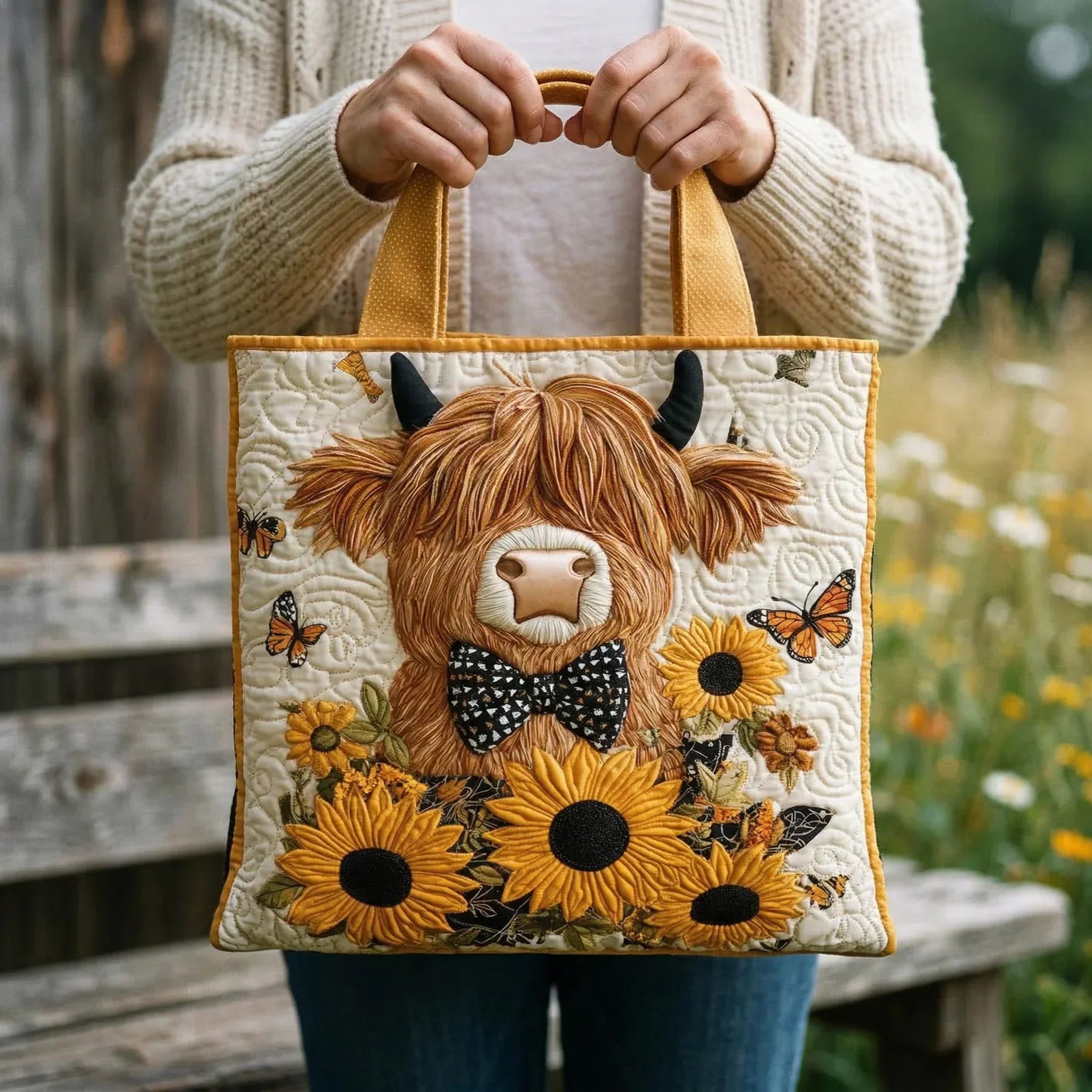 Handgefertigte Tasche - Hochlandrinder mit Sonnenblumen