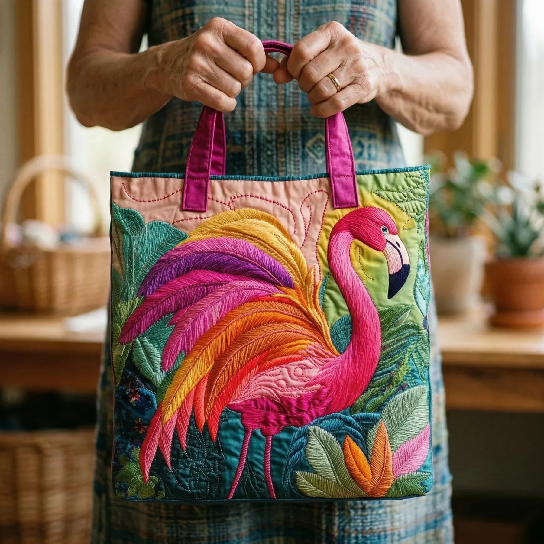 Handgefertigte Tasche - Regenbogenflamingo
