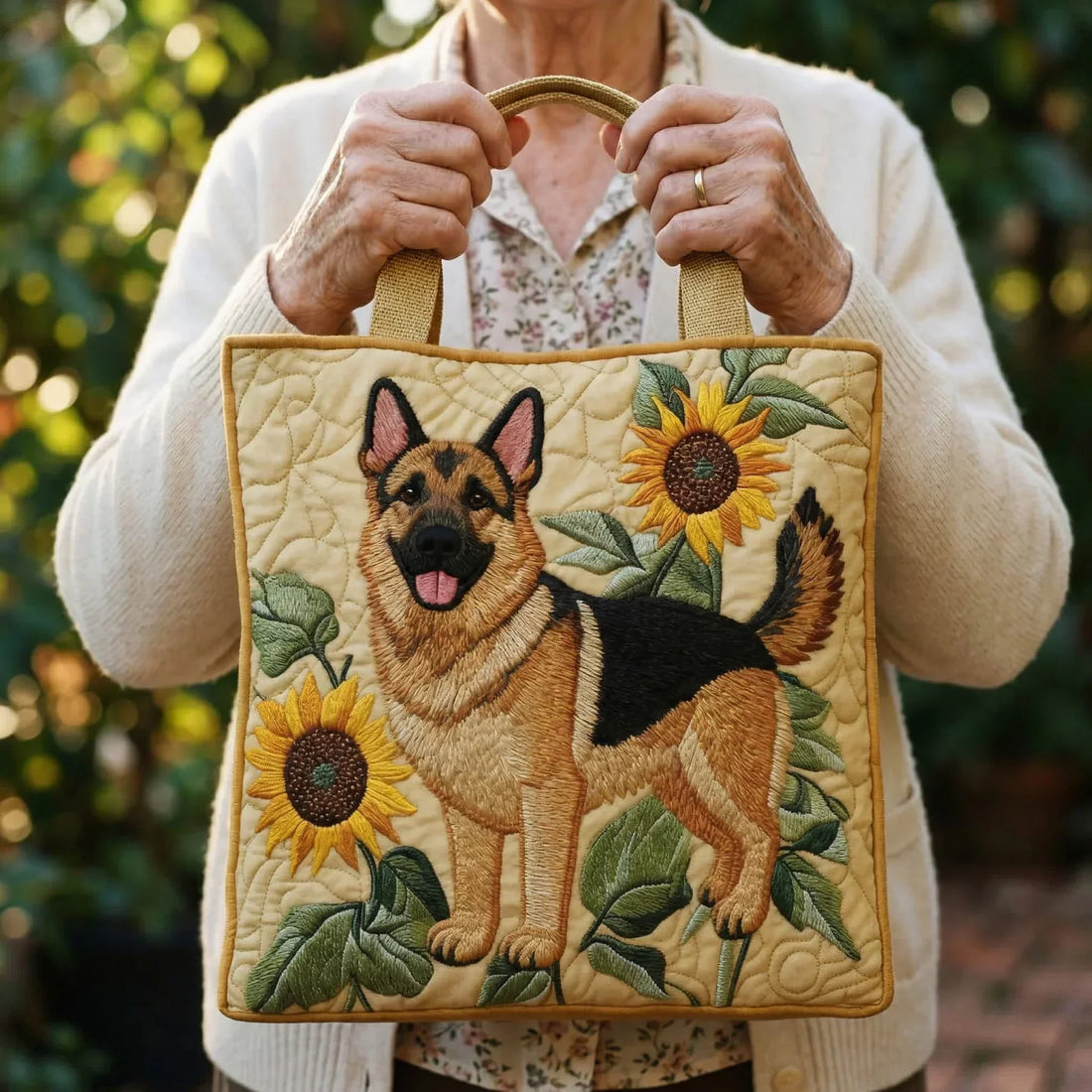 Handgefertigte Tasche - Deutscher Schäferhund mit Blumen