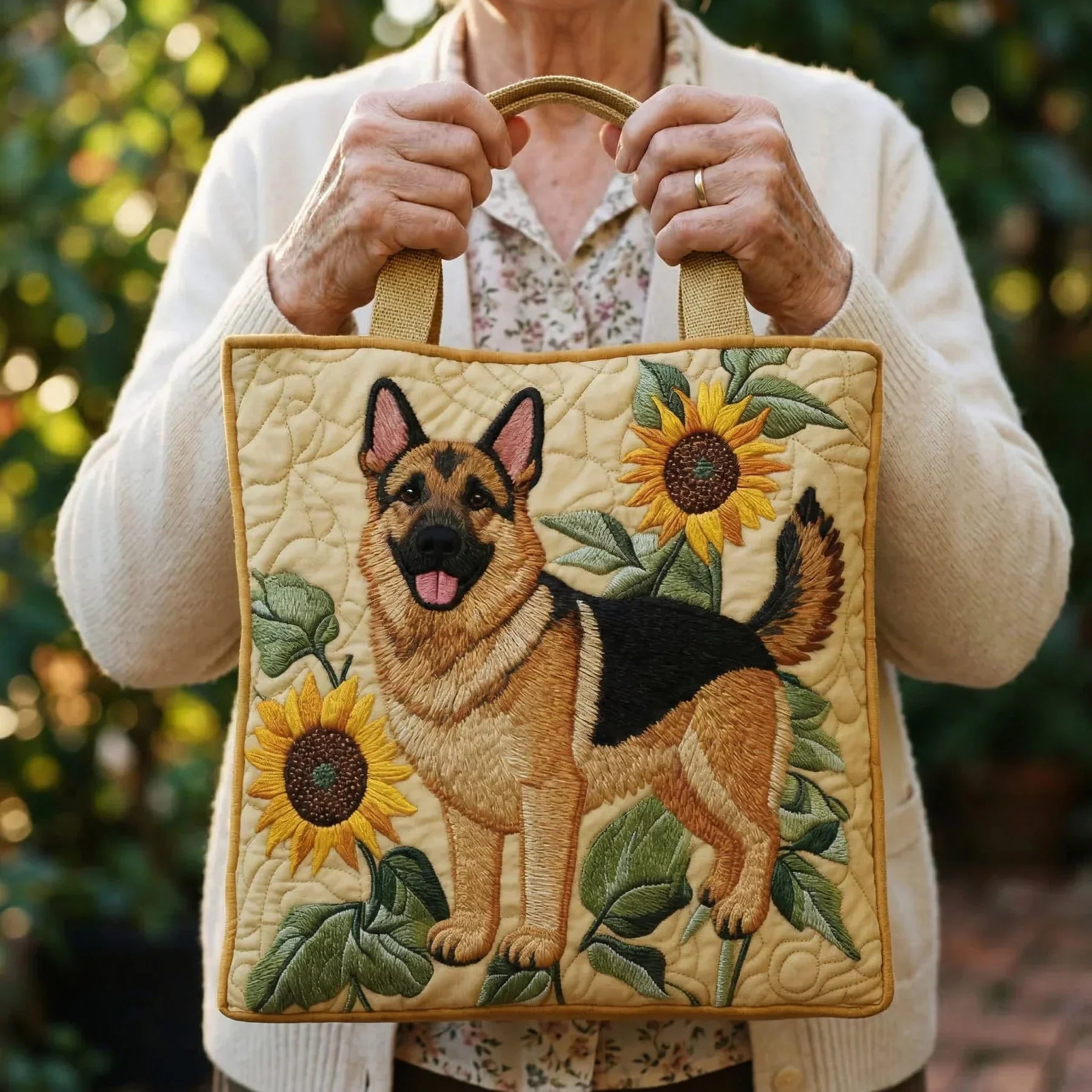 Handgefertigte Tasche - Deutscher Schäferhund mit Blumen