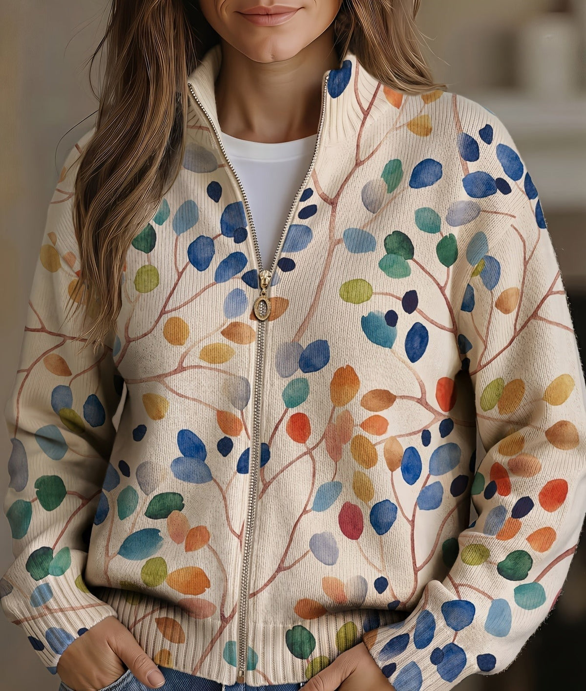 Fiona – Strickjacke mit botanischem Print und Reißverschluss