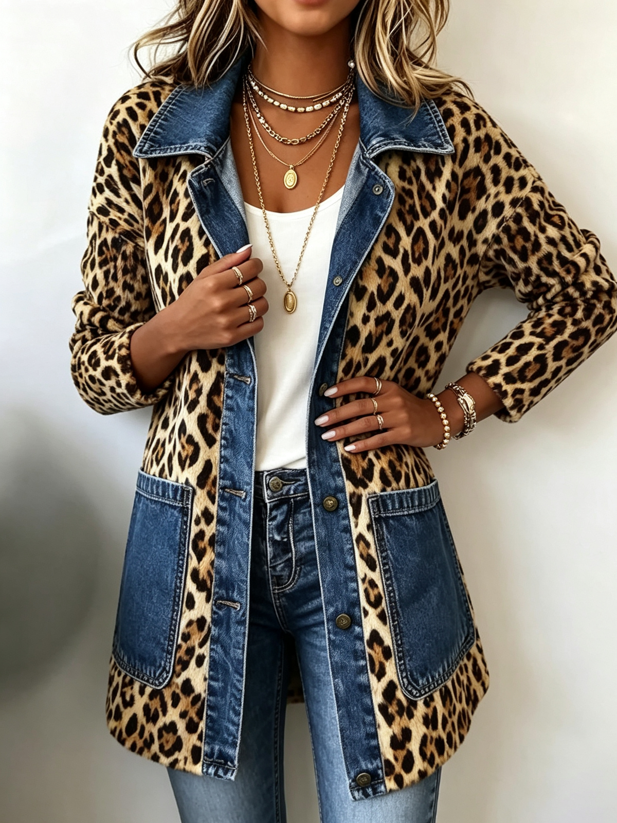 Selma | Lange Kontrastjacke mit Leopardenmuster und Jeansbesatz