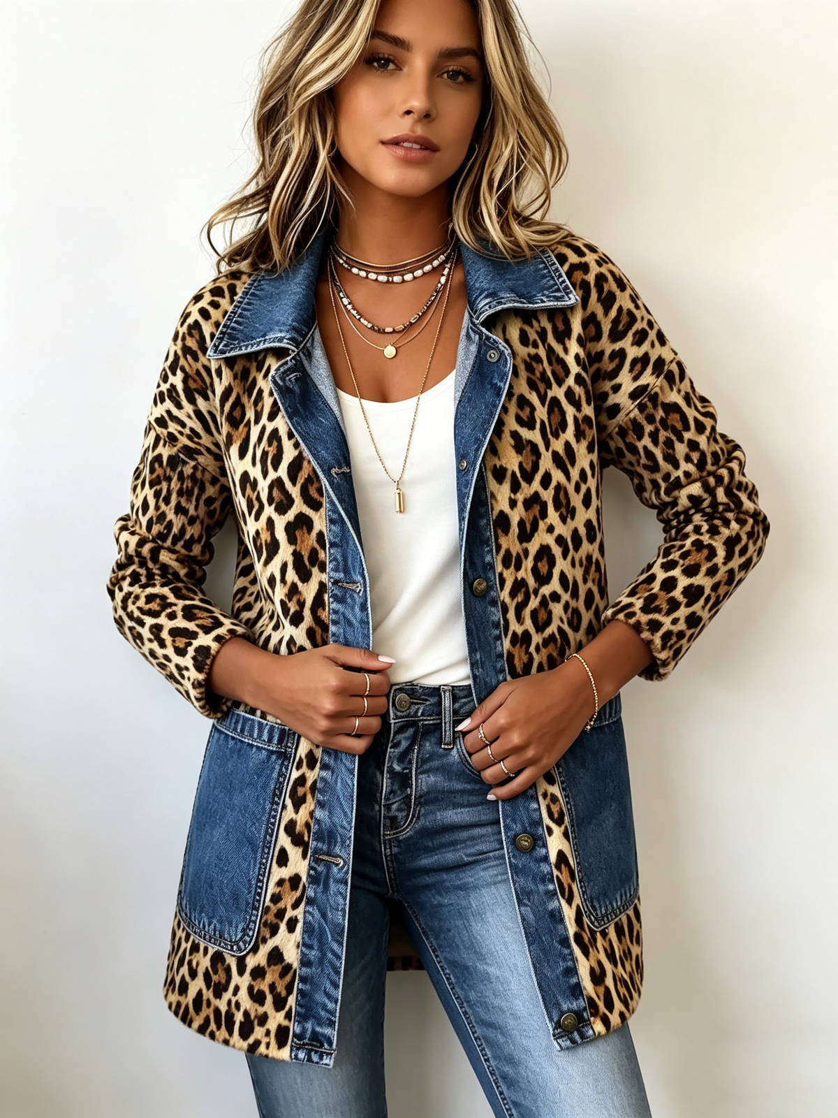 Selma | Lange Kontrastjacke mit Leopardenmuster und Jeansbesatz