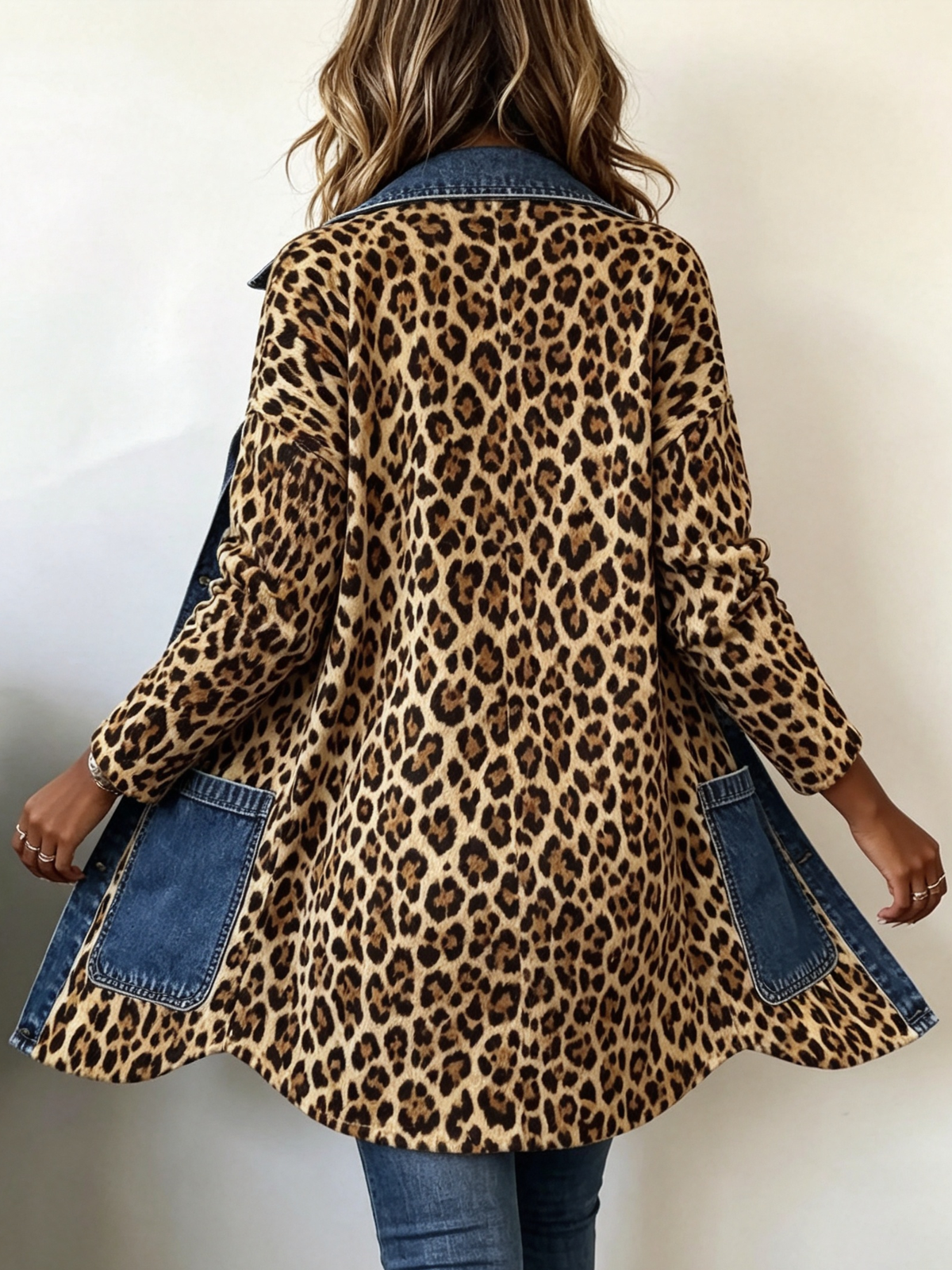 Selma | Lange Kontrastjacke mit Leopardenmuster und Jeansbesatz