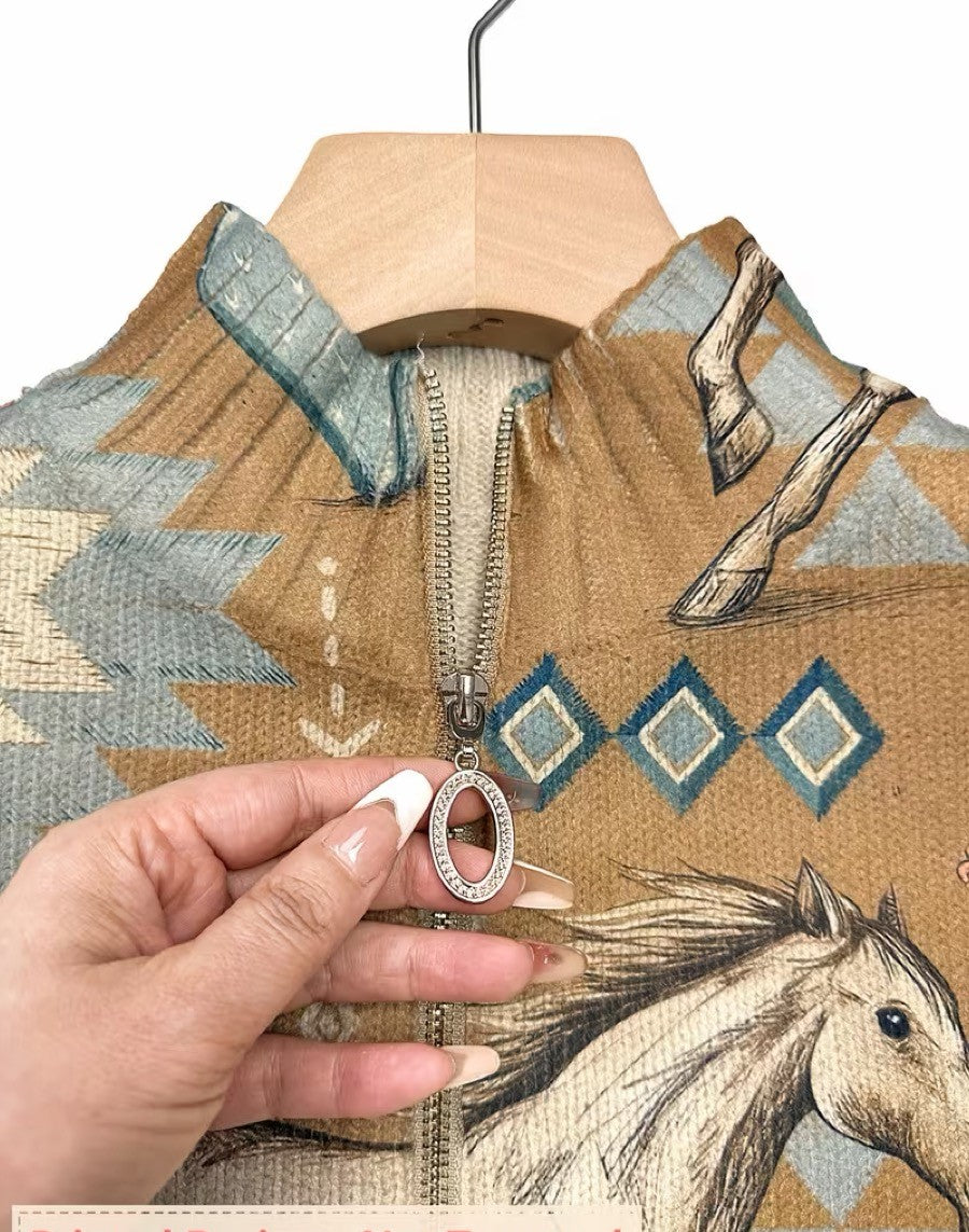 Kaitlyn - Strickjacke mit Reißverschluss und Kaktus- und Wüstenpferdemotiv