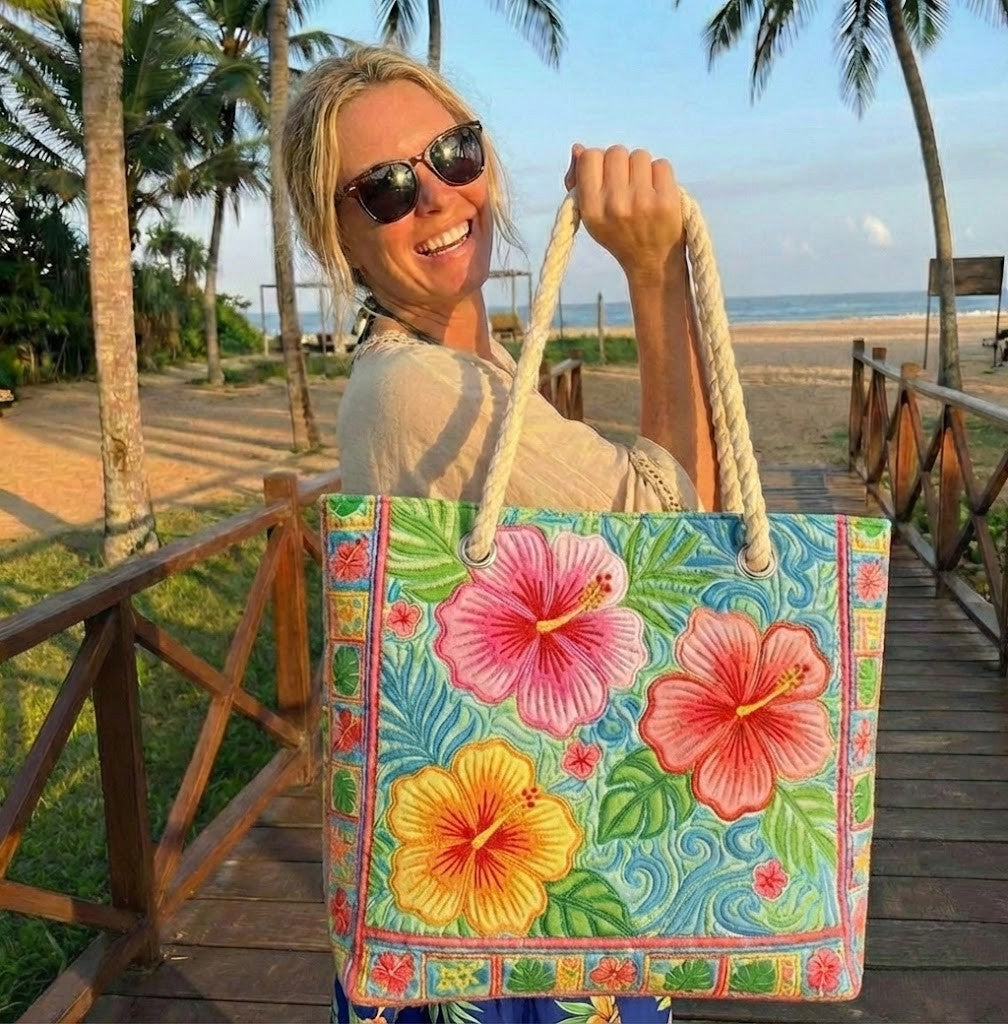 Handgefertigte Strandtasche | Tropisches Blumenmuster