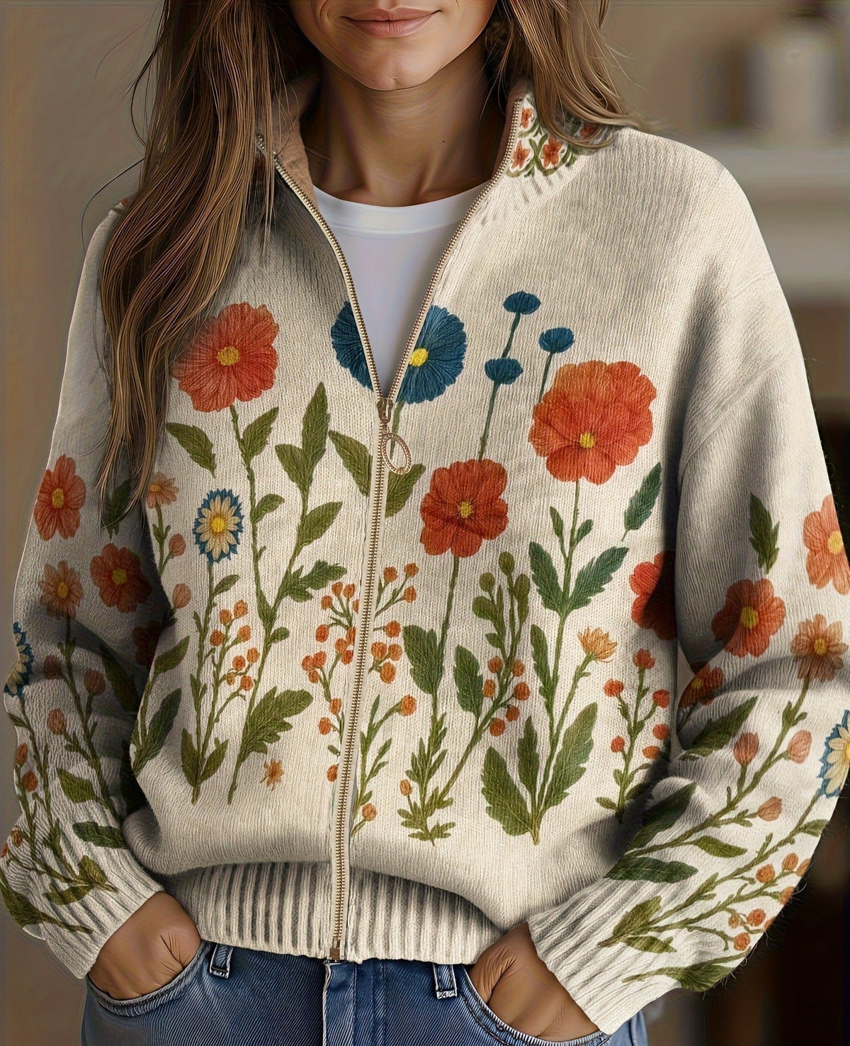 Brianna – Wildblumenfeld-Strickjacke mit Reißverschluss